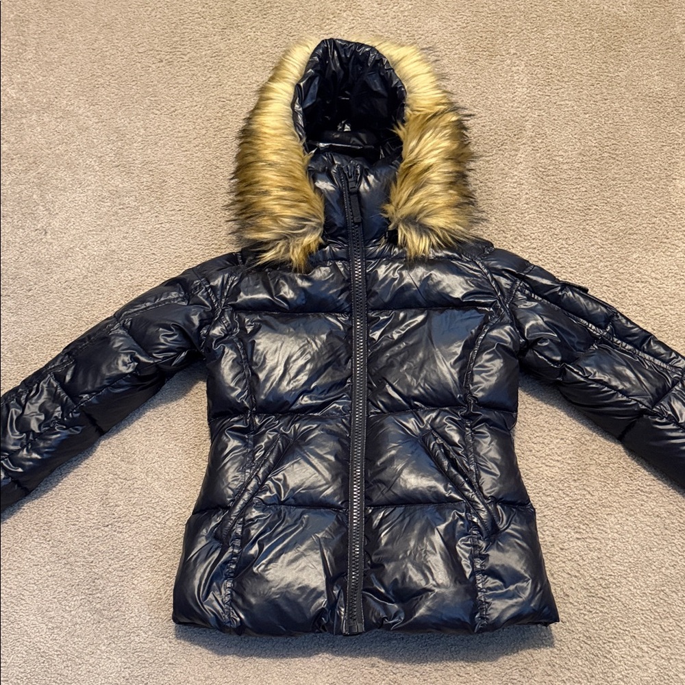 Aqua Black Puffer Jacket with Removable Faux Fur Trim Hood